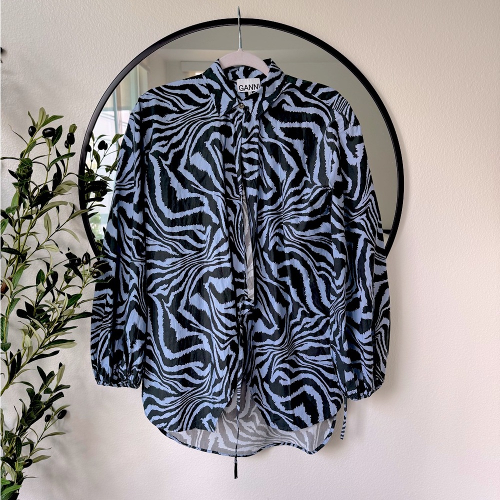 Ganni Black and Light Blue Zebra Print Blouse Top, 34
